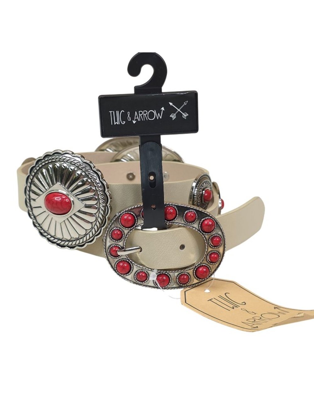 Twig & Arrow Red & Silver Concho Belt Large/XL Faux Leather Beige 45" Long